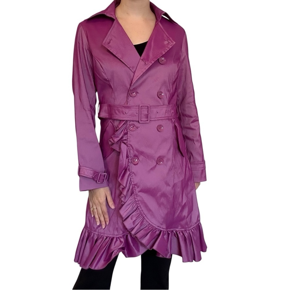 Samuel Dong Trench Coat Dress Ruffled Purple Magenta Bright Dopamine Size Small